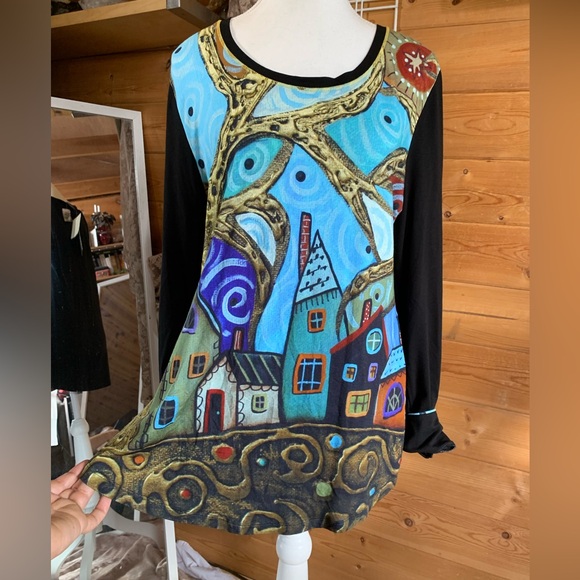 Limited Art Print Artist Karla Gerard Impressionist Blue Black Long Sleeve Top L - Picture 2 of 14